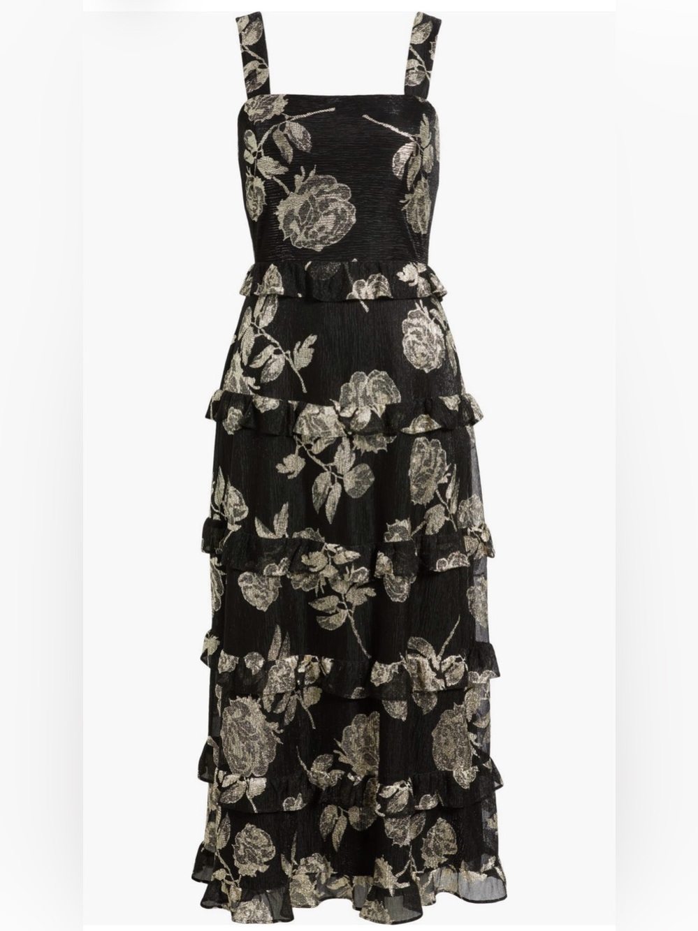 Anne Klein Black Strapless Floral Jacquard Ruffle Gown